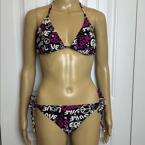 Ingear Black with Pink & White Peace-Love-Surf String Bikini Set. Size Large.
